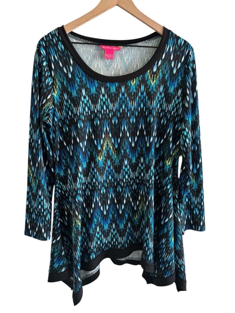 Sunny Leigh Abstract Ikat Asymmetrical Tunic Boho Artsy Swing Top L Made in USA
